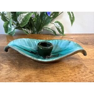 Blue Mountain‎ Pottery Candle Holder – Green Drip Glaze Leaf Design Retro MCM